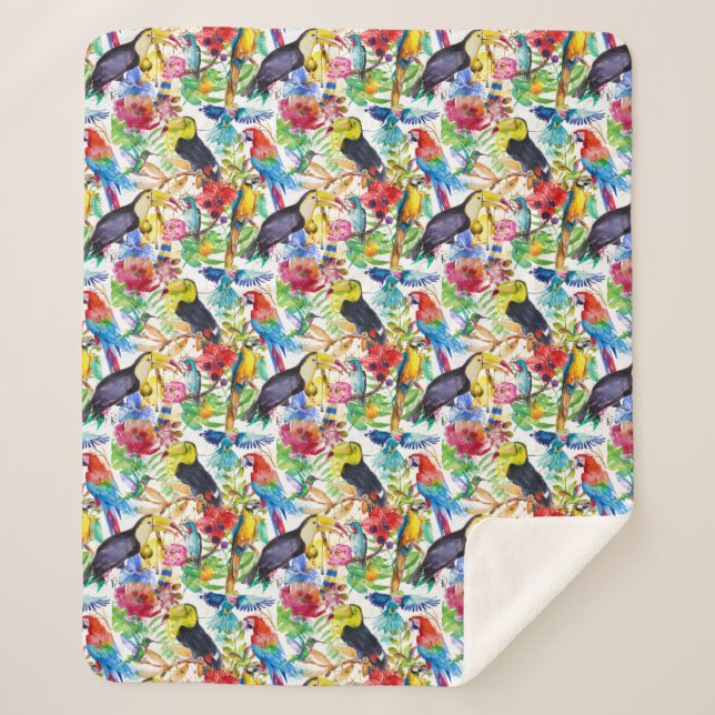 Colourful Watercolor Parrots Sherpa Blanket (Front)