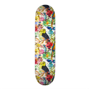 Colourful Watercolor Parrots Skateboard