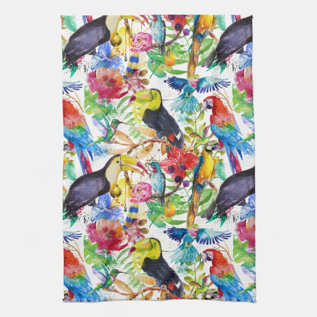 Colourful Watercolor Parrots Tea Towel (Vertical)