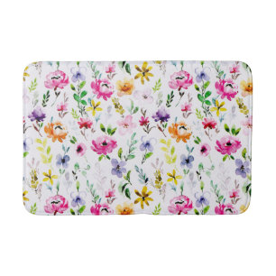 Colourful Watercolor Pastel Flowers Bath Mat