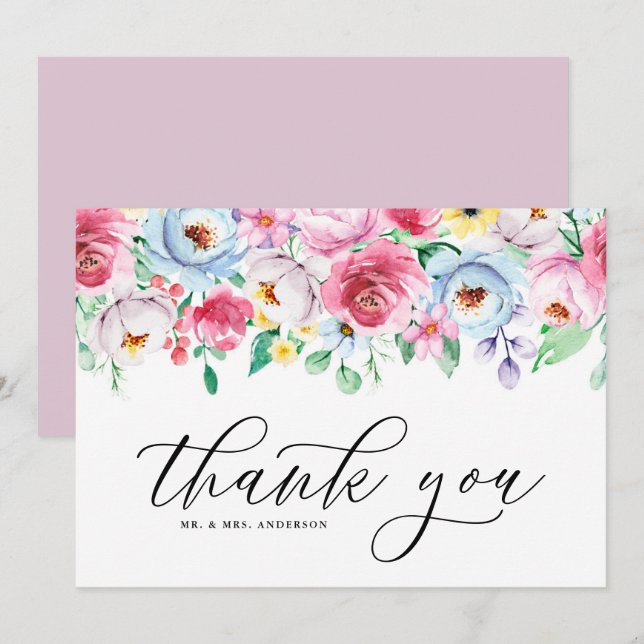 Colourful Watercolor Pastel Flowers Garland Weddin Thank You Card (Front/Back)