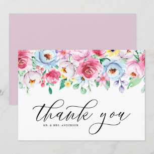 Colourful Watercolor Pastel Flowers Garland Weddin Thank You Card