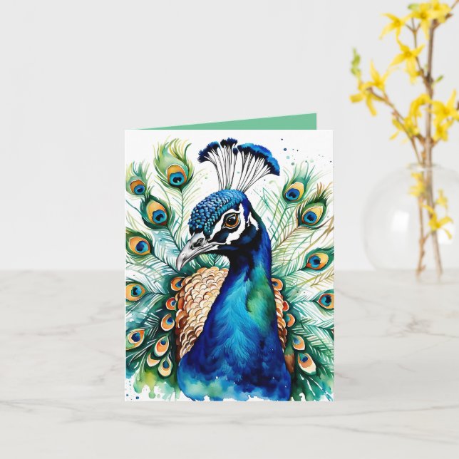 Colourful Watercolor Peacock Greeting Card (Yellow Flower)