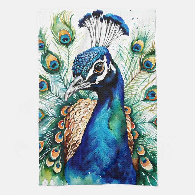 Colourful Watercolor Peacock Kitchen Towel (Vertical)