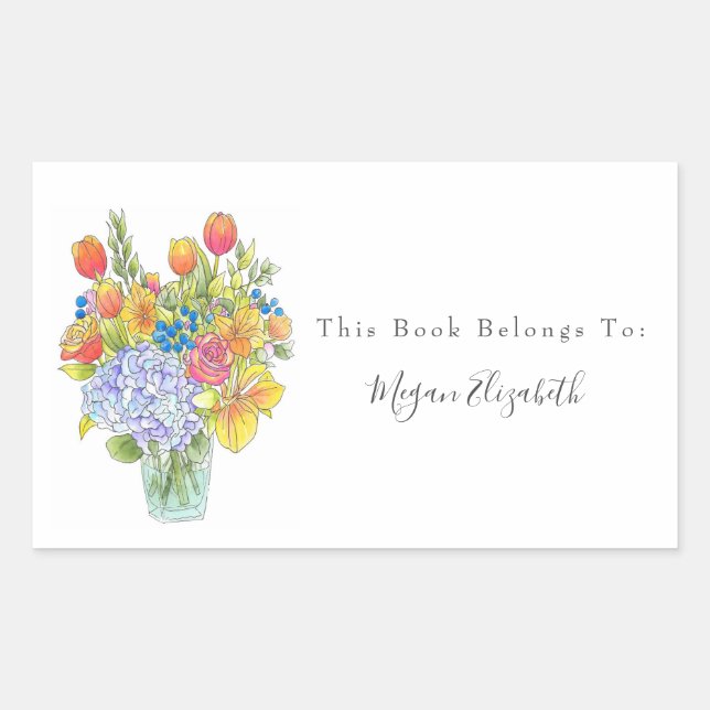Colourful Watercolor, Pen & Ink Floral Bouquet Rectangular Sticker (Front)