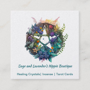 Colourful Watercolor Pentagram and Flowers  Square Business Card