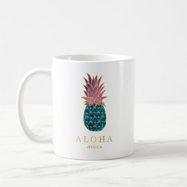 Colourful Watercolor Pineapple and Gold Aloha Coffee Mug (Left)