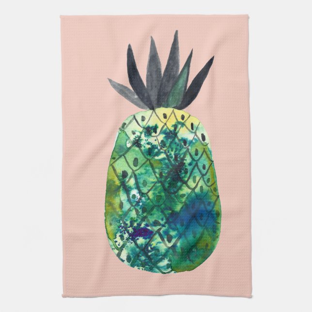 Colourful Watercolor Pineapple Blue Green Pink Tea Towel (Vertical)