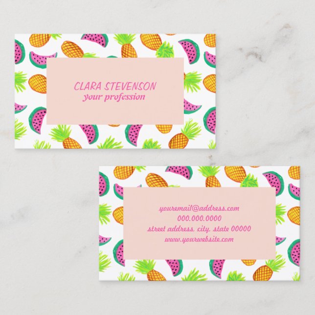 colourful watercolor pineapple watermelon pattern business card (Front/Back)
