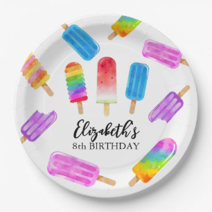 Colourful Watercolor Popsicle Birthday Paper Plate