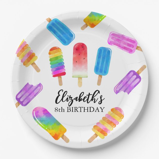 Colourful Watercolor Popsicle Birthday Paper Plate (Front)