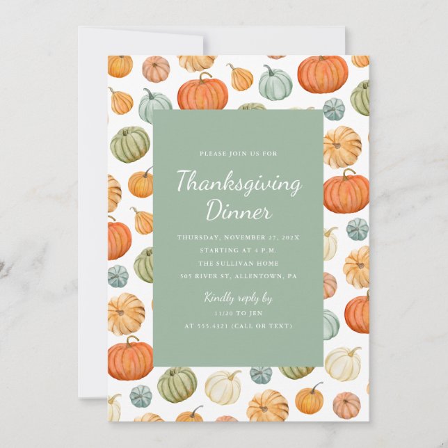 Colourful Watercolor Pumpkin Thanksgiving Dinner  Invitation (Front)