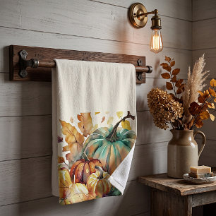 Colourful watercolor pumpkins and leaves hand towel