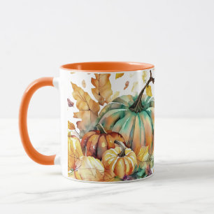 Colourful watercolor pumpkins and leaves mug