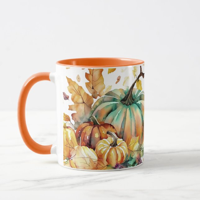 Colourful watercolor pumpkins and leaves mug (Left)