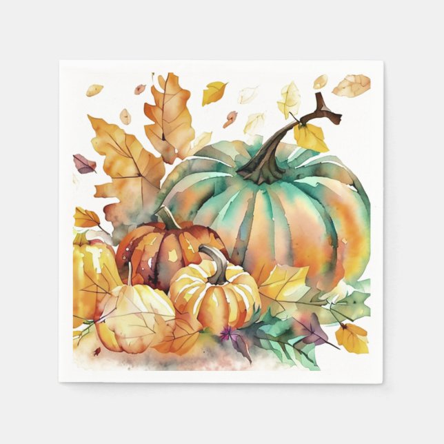 Colourful watercolor pumpkins and leaves napkin (Front)