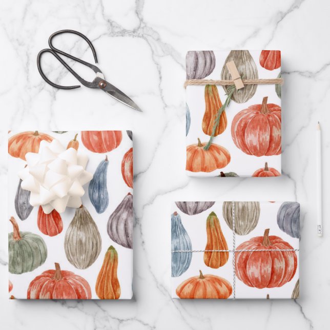 Colourful Watercolor Pumpkins Collection   Wrapping Paper Sheet (Front)