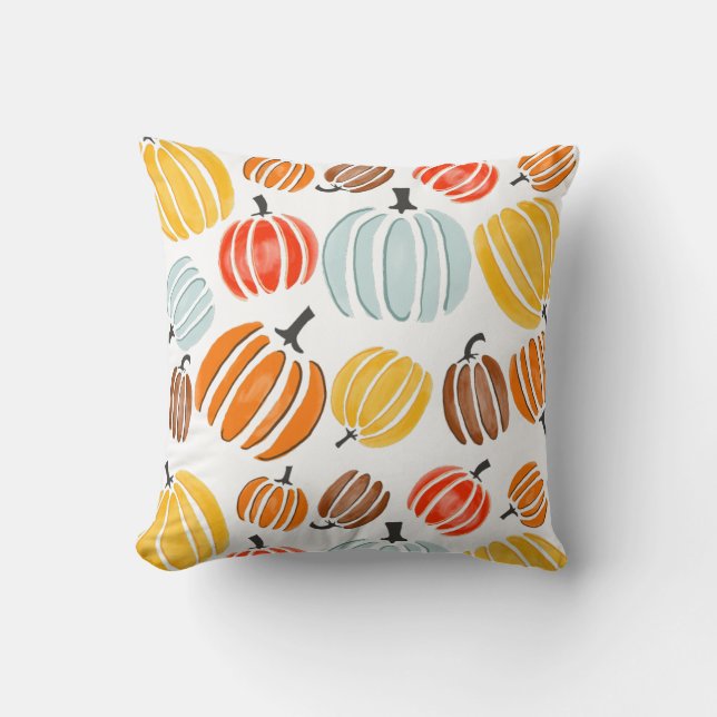 Colourful watercolor pumpkins illustration, pumpki cushion (Front)