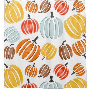 Colourful watercolor pumpkins illustration, pumpki shower curtain