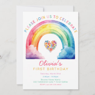 Colourful Watercolor Rainbow 1st Birthday Party Invitation