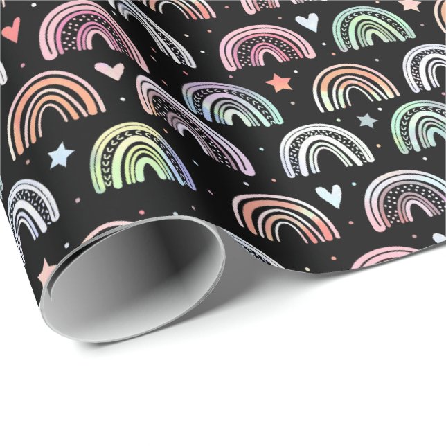 Colourful Watercolor Rainbow arch pattern on black Wrapping Paper (Roll Corner)