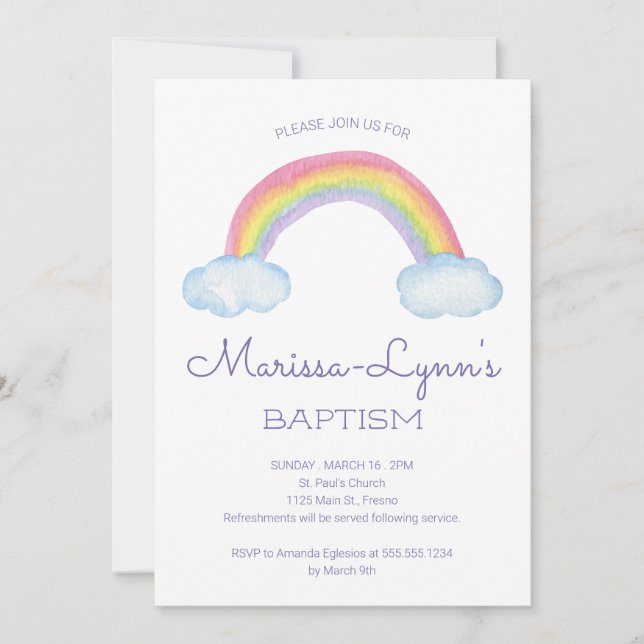 Colourful Watercolor Rainbow Baptism or Christenin Invitation (Front)