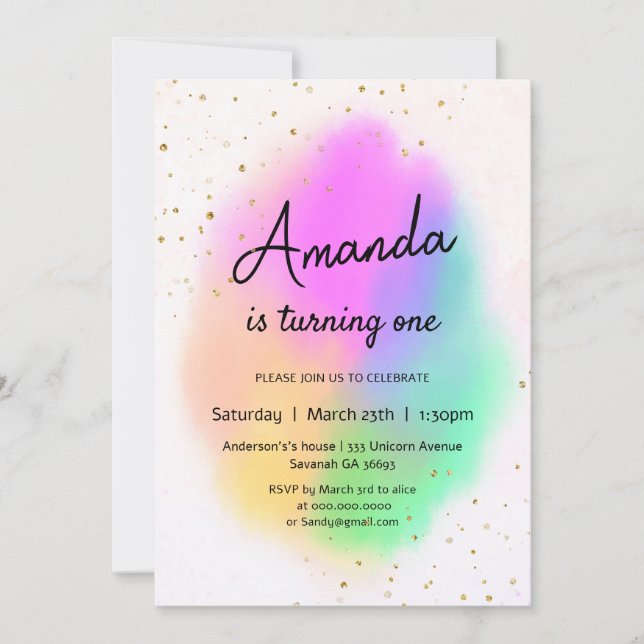 Colourful Watercolor Rainbow birthday Invitation (Front)