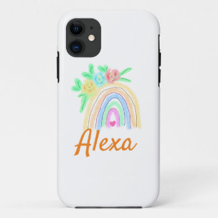 Colourful watercolor rainbow boho floral add name  iPhone 11 case