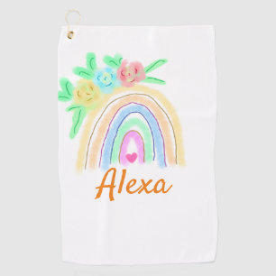 Colourful watercolor rainbow boho floral add name  golf towel