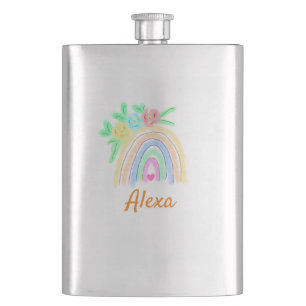 Colourful watercolor rainbow boho floral add name hip flask