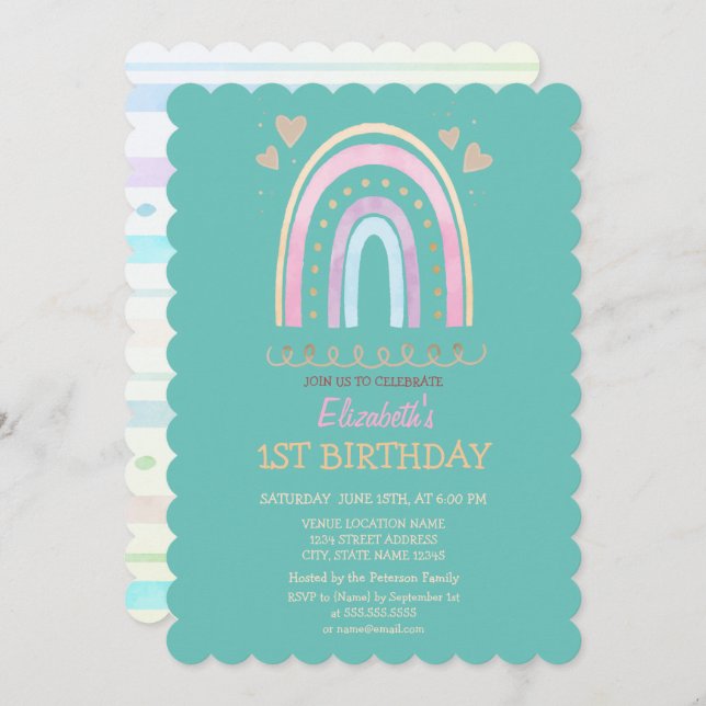Colourful Watercolor Rainbow Hearts Striped  Invitation (Front/Back)