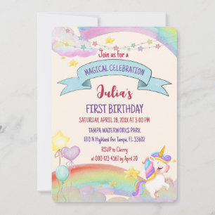 Colourful Watercolor Rainbow Unicorn Girl Birthday Invitation