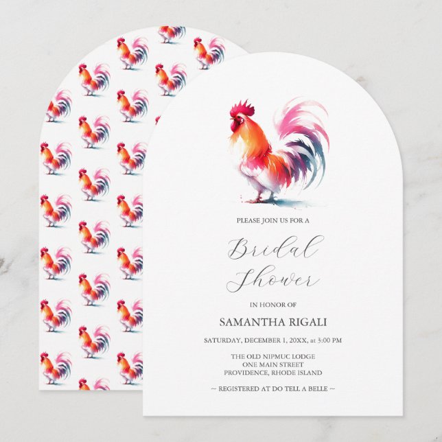 Colourful Watercolor Rooster Bridal Shower Invitation (Front/Back)