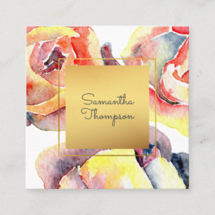Colourful Watercolor Roses and Gold Modern Square Business Card