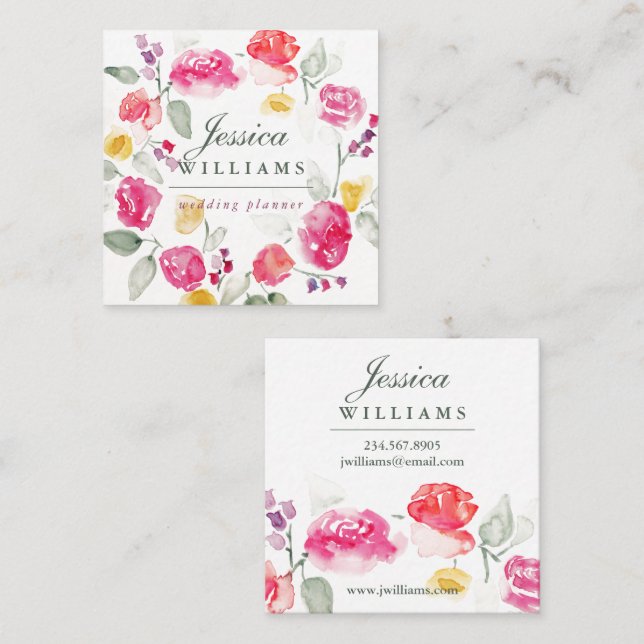 Colourful Watercolor Roses Wreath Business Card (Front/Back)