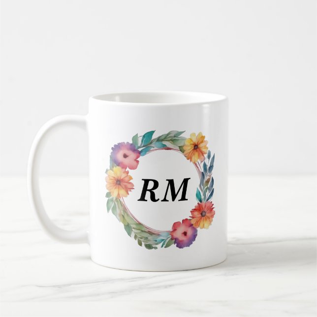 Colourful Watercolor Round Flower Frame Coffee Mug (Left)