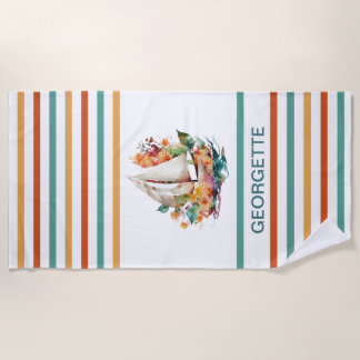 Colourful Watercolor Sailboat Monogramed  Beach To Beach Towel