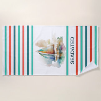 Colourful Watercolor Sailboat Monogramed  Beach Towel