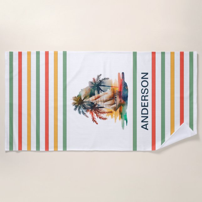 Colourful Watercolor Sailboat Monogramed  Beach Towel (Front)