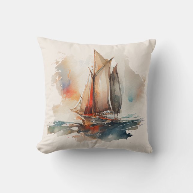 Colourful Watercolor Sailboat Throw Pillow (Front)
