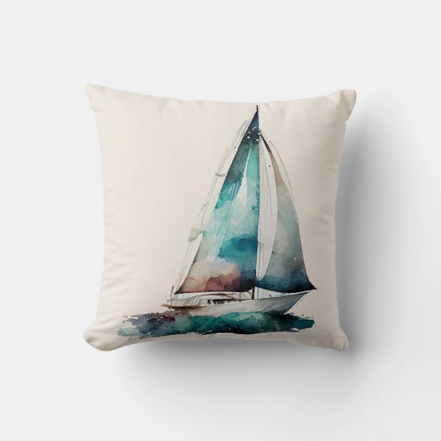 Colourful Watercolor Sailboat Throw Pillow (Front)