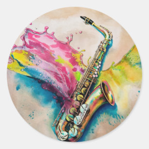 Colourful Watercolor Saxophone Splash Classic Round Sticker