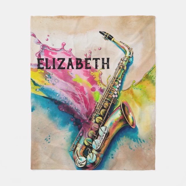 Colourful Watercolor Saxophone Splash Custom Fleece Blanket (Front)