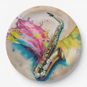 Colourful Watercolor Saxophone Splash Paper Plate
