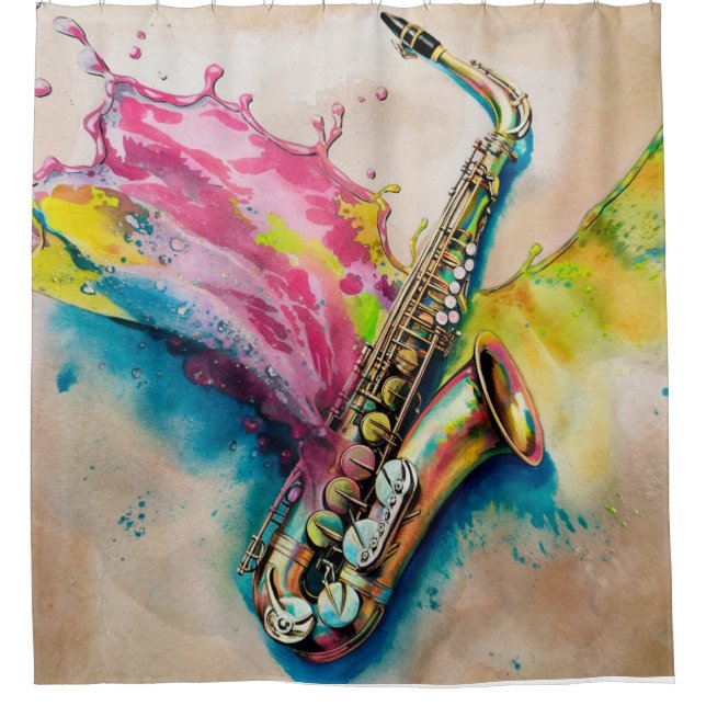 Colourful Watercolor Saxophone Splash Shower Curtain (Front)