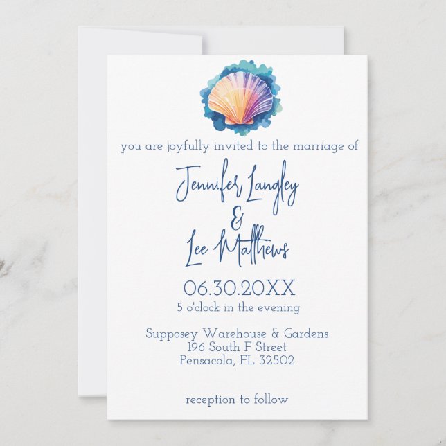 Colourful Watercolor Scallop Seashell Wedding Invitation (Front)