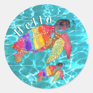 Colourful Watercolor Sea Turtle Classic Round Sticker