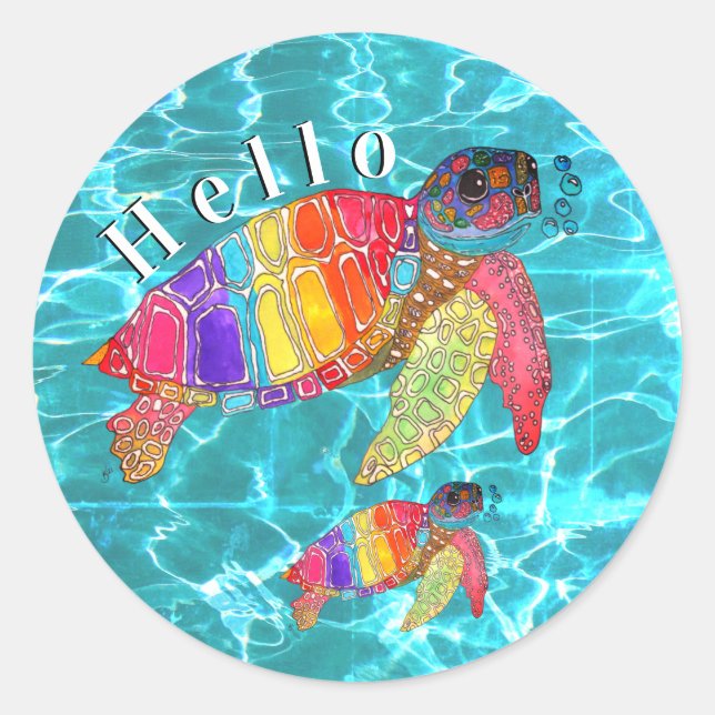 Colourful Watercolor Sea Turtle Classic Round Sticker (Front)