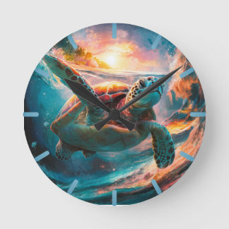 Colourful Watercolor Sea Turtle Round Clock