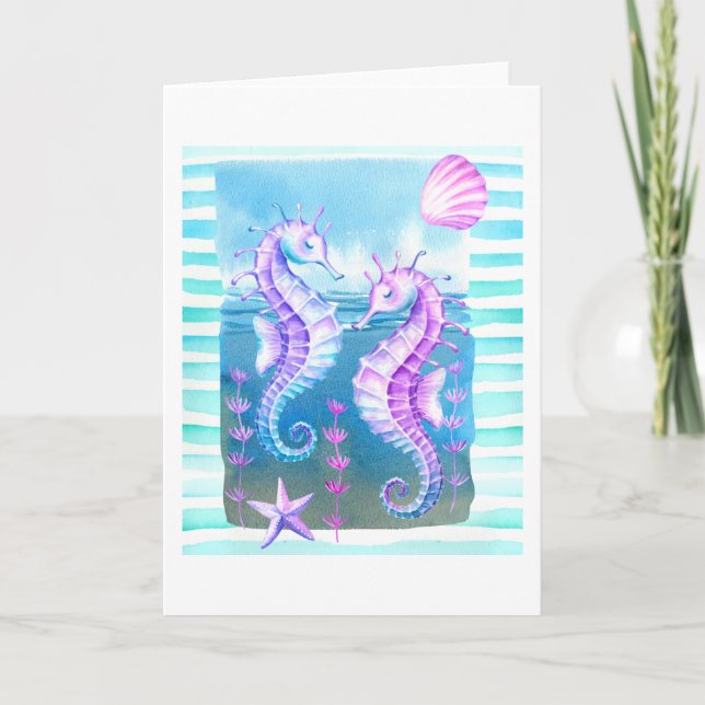 Colourful Watercolor Seahorse Folded Greeting Card (Front)